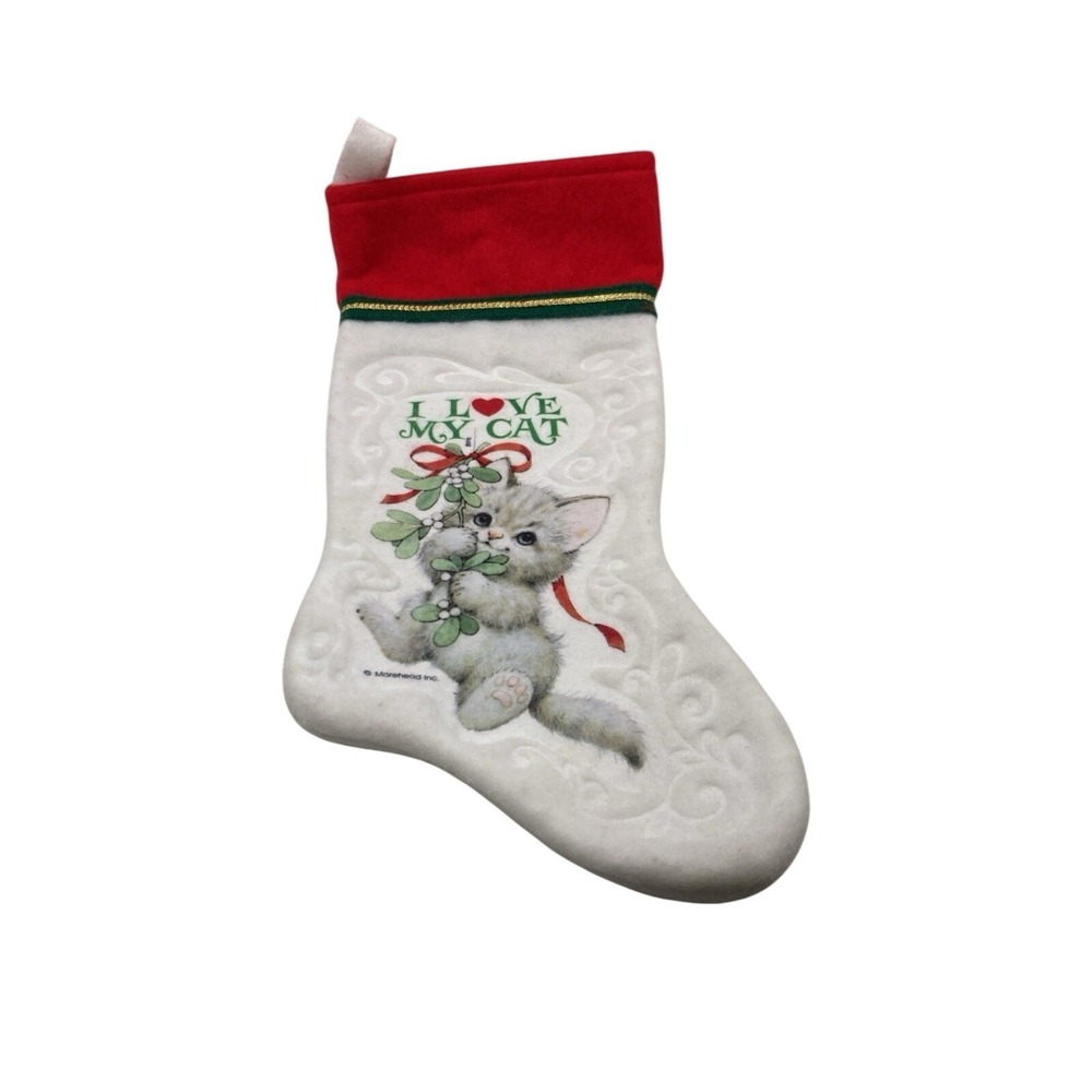 Vintage I Love My Cat Christmas Stocking Ruth Morehead 16"Length Gray Kitten